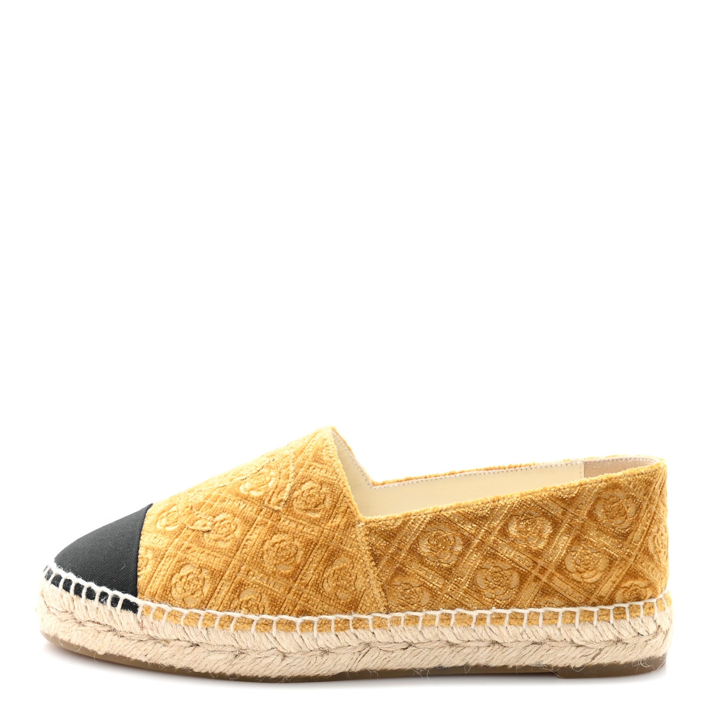 Velvet Grosgrain Quilted Camellia CC Espadrilles 38 Gold Black