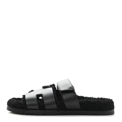 Hermes Calfskin Woolskin Womens Chypre Sandals 39 Black 1 of 8