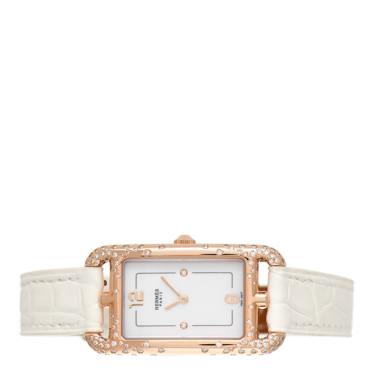 18K Rose Gold Alligator Diamond Mother of Pearl 20mm Nantucket Quartz Watch Blanc