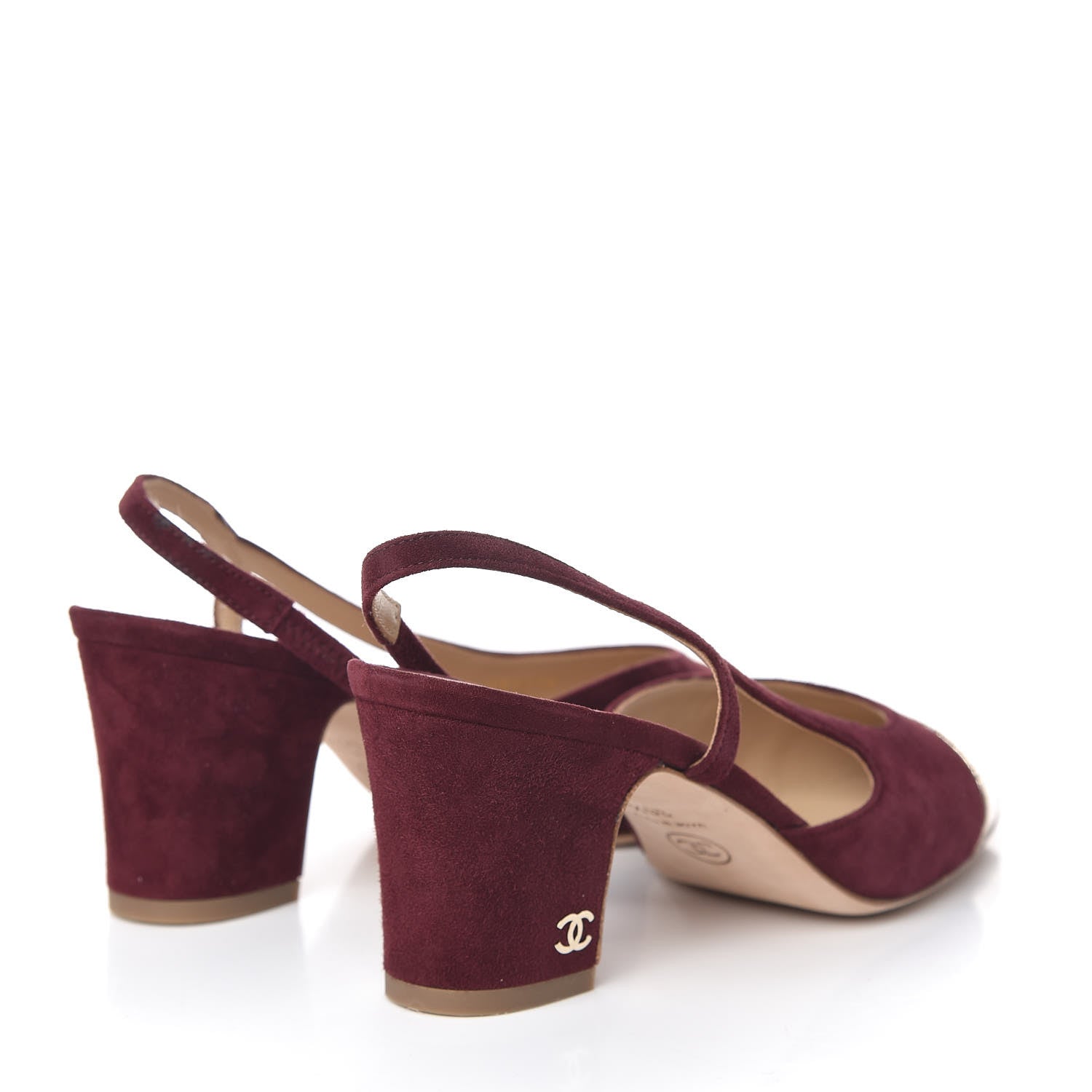 Chanel Kid Suede Metallic Lambskin Cap Toe CC Slingback Pumps 36.5 Burgundy Gold 4 of 9