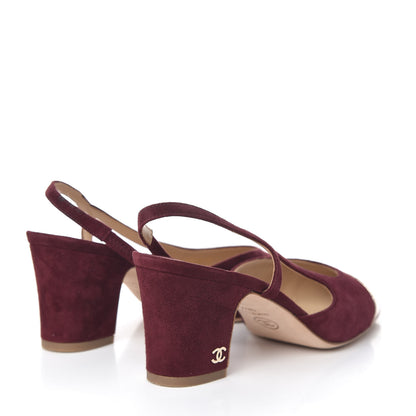 Chanel Kid Suede Metallic Lambskin Cap Toe CC Slingback Pumps 36.5 Burgundy Gold 4 of 9