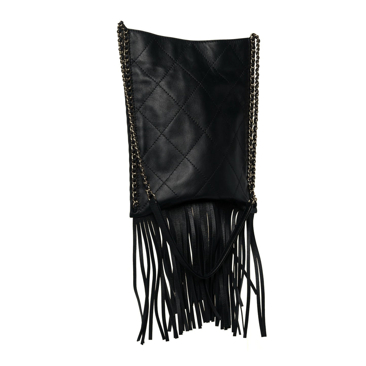 Calfskin Quilted Fringe Small Shopping Bag Black