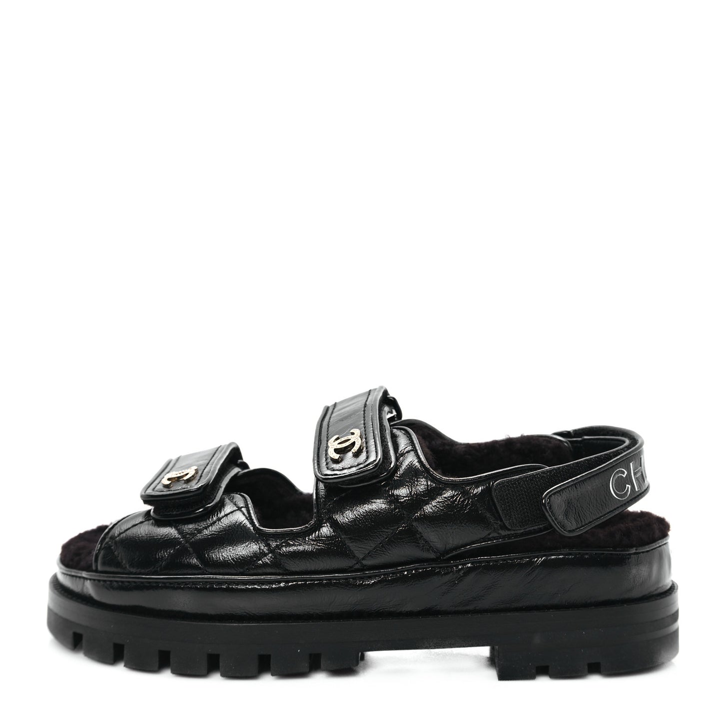 Laminated Lambskin Shearling Crystal CC Velcro Dad Platform Sandals 38 Black
