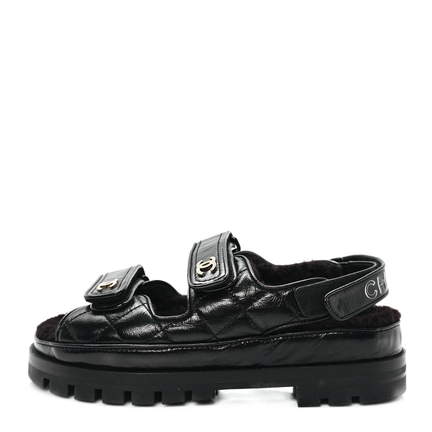 Chanel Laminated Lambskin Shearling Crystal CC Velcro Dad Platform Sandals 38 Black 1 of 11