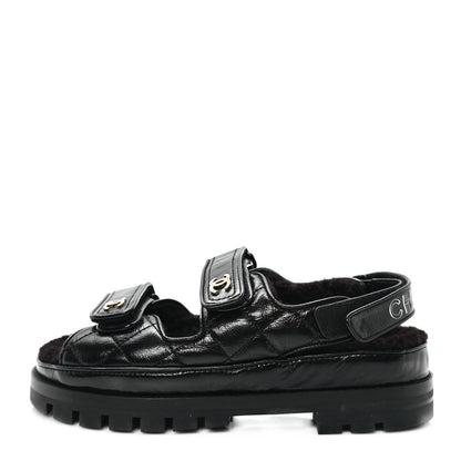 Chanel Laminated Lambskin Shearling Crystal CC Velcro Dad Platform Sandals 38 Black 1 of 11