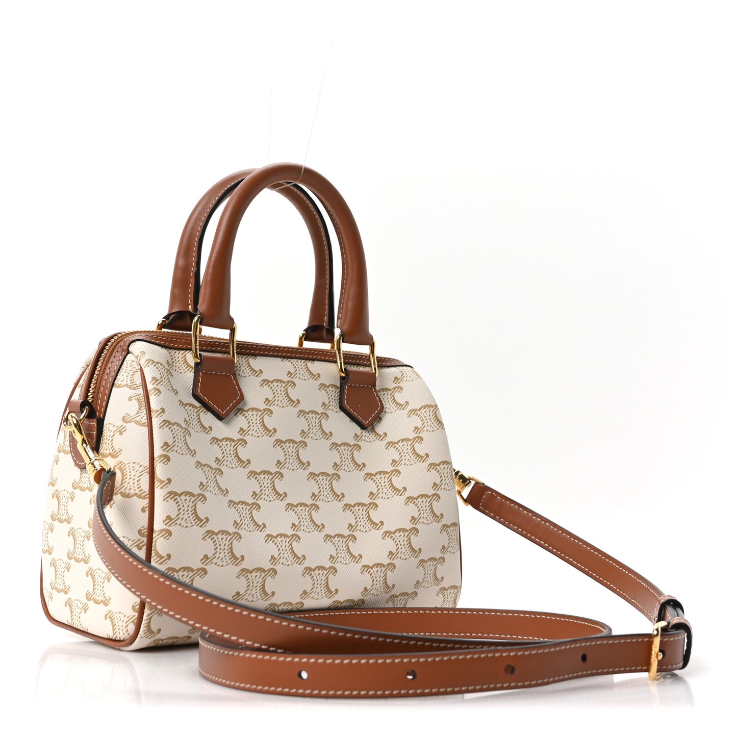 Triomphe Canvas Calfskin Small Boston Bag White