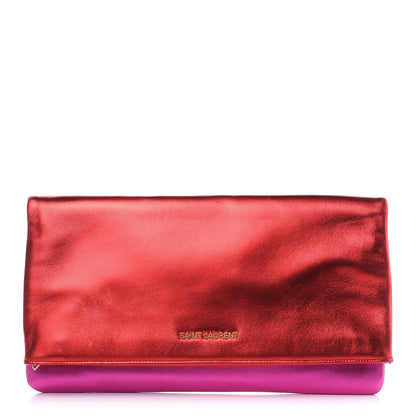 Saint Laurent Metallic Smooth Calfskin Letters Fold-Over Clutch Red Fuchsia 1 of 10