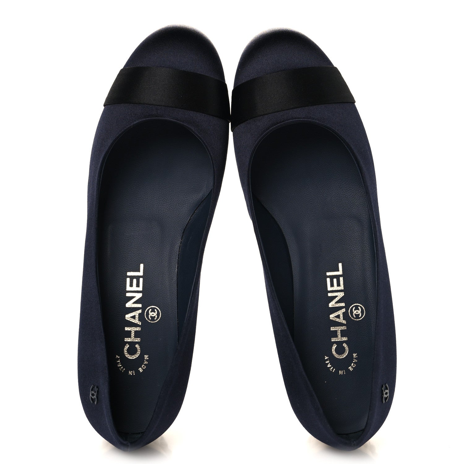Chanel Satin Pearl Cap Toe Low Heel Pumps 38 Navy Blue Black 2 of 10