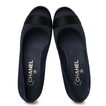 Chanel Satin Pearl Cap Toe Low Heel Pumps 38 Navy Blue Black 2 of 10
