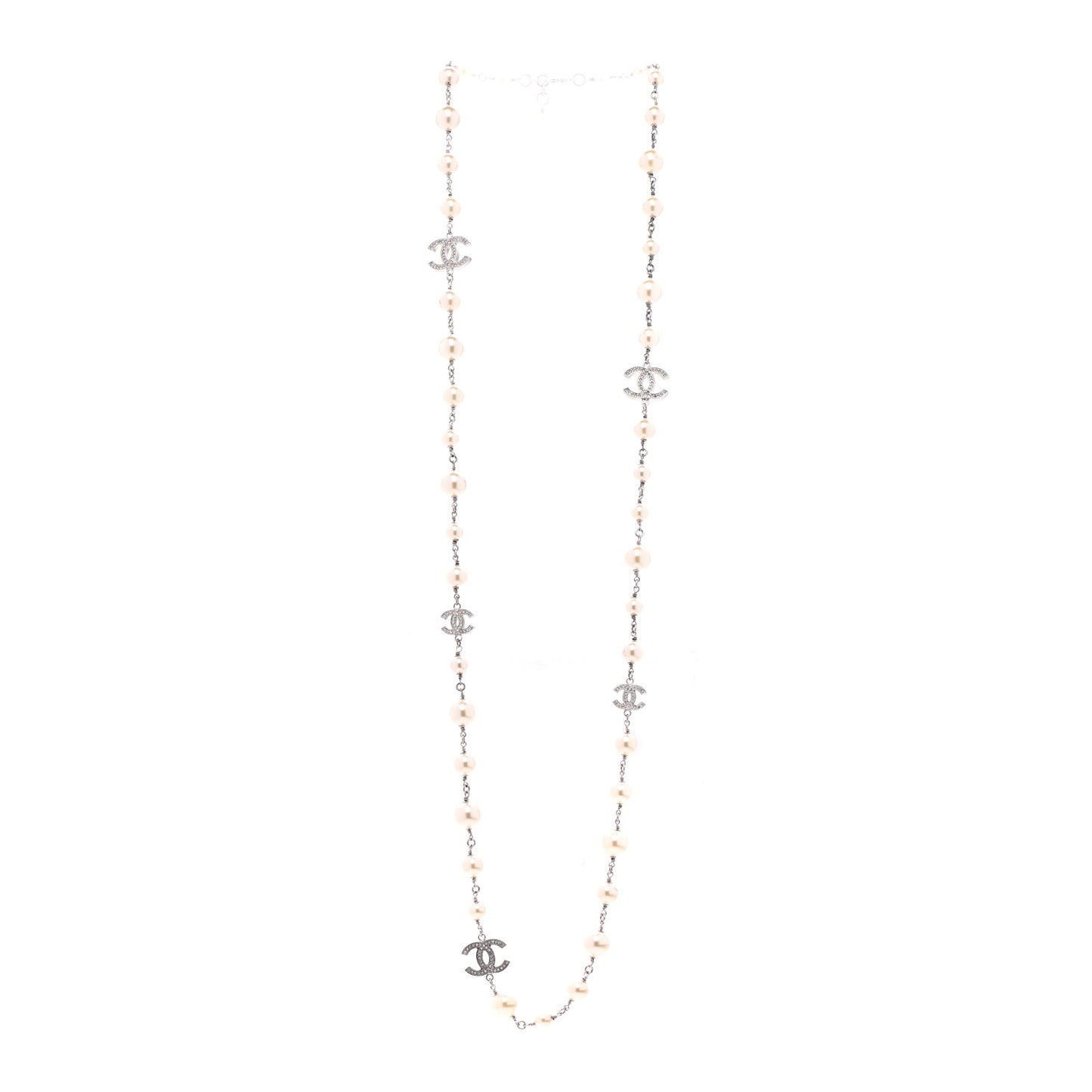 Graduated Pearl Crystal CC Long Necklace Silver