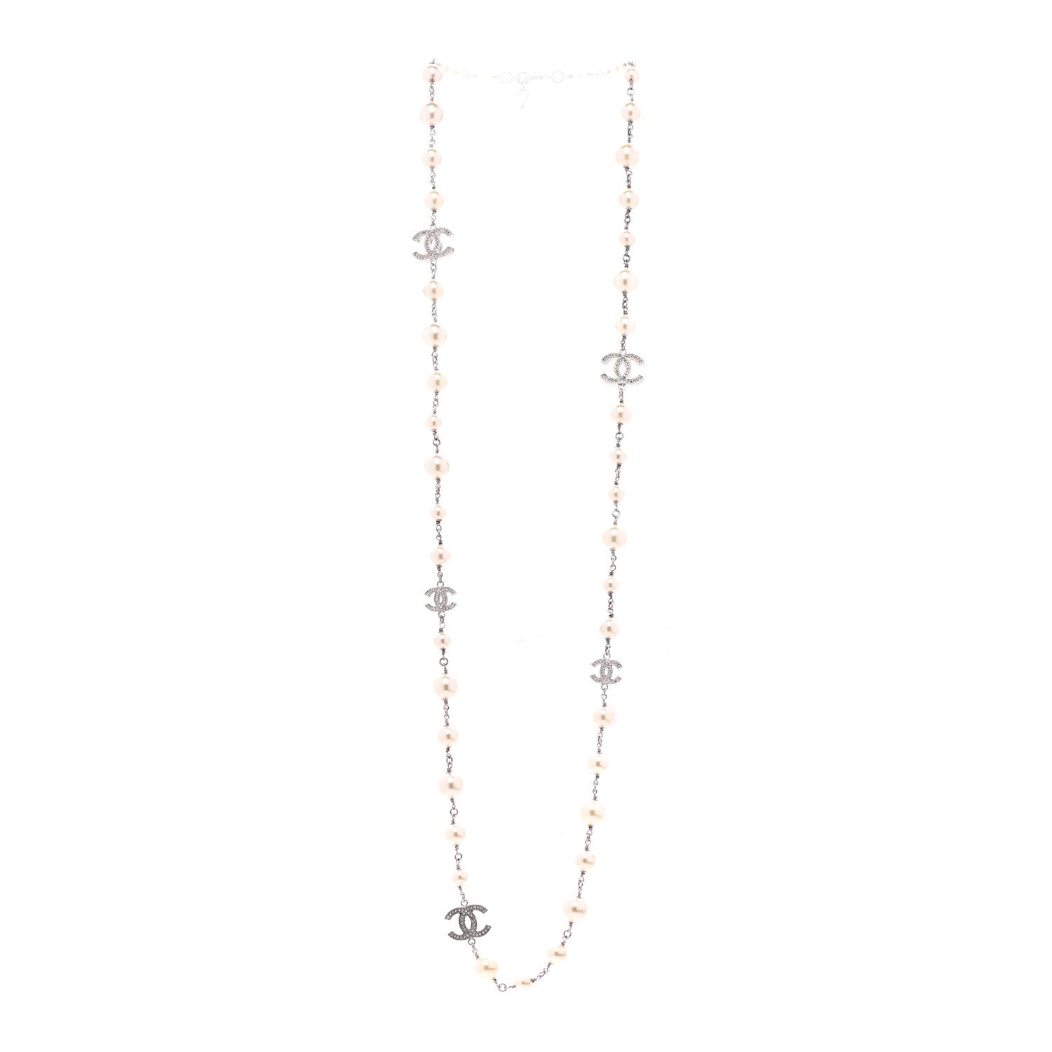 Chanel Graduated Pearl Crystal CC Long Necklace Silver 3 of 7