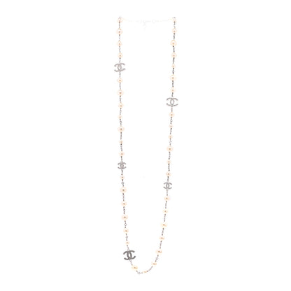 Chanel Graduated Pearl Crystal CC Long Necklace Silver 3 of 7