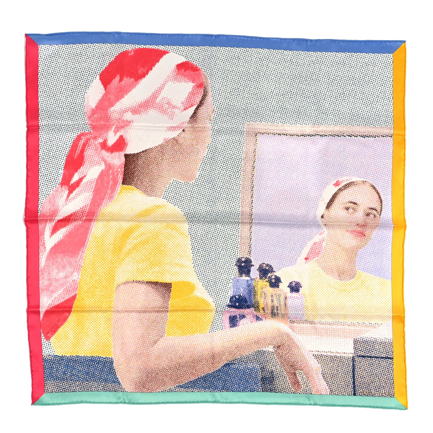 Vintage Silk Regard de Soie Scarf 70 Bleu Rose Jaune