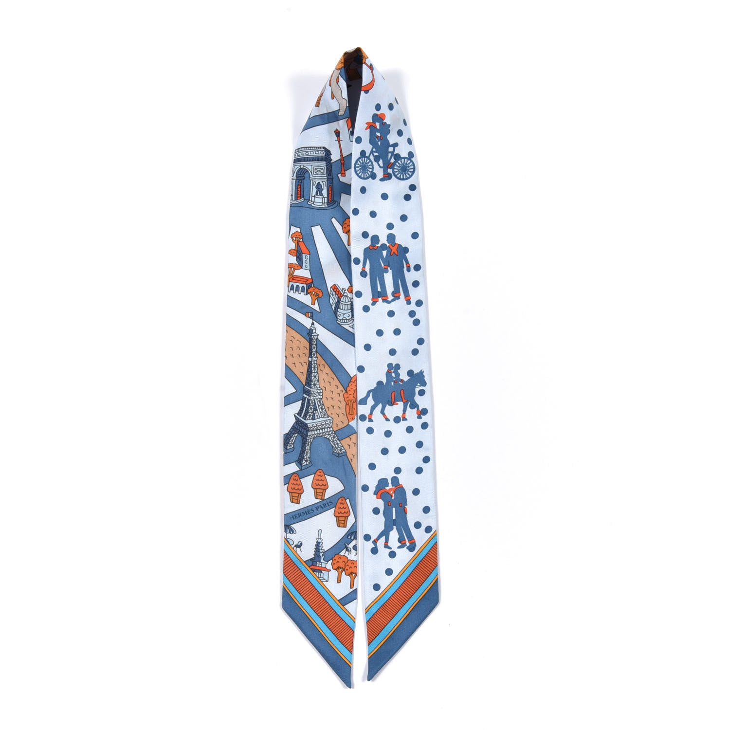 Hermes Silk Les Nouveaux Amoureux de Paris Twilly Ciel Blue Jean Orange 5 of 6