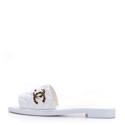 Chanel Shiny Goatskin Quilted CC Mules Sandals 40.5 White 1 of 8
