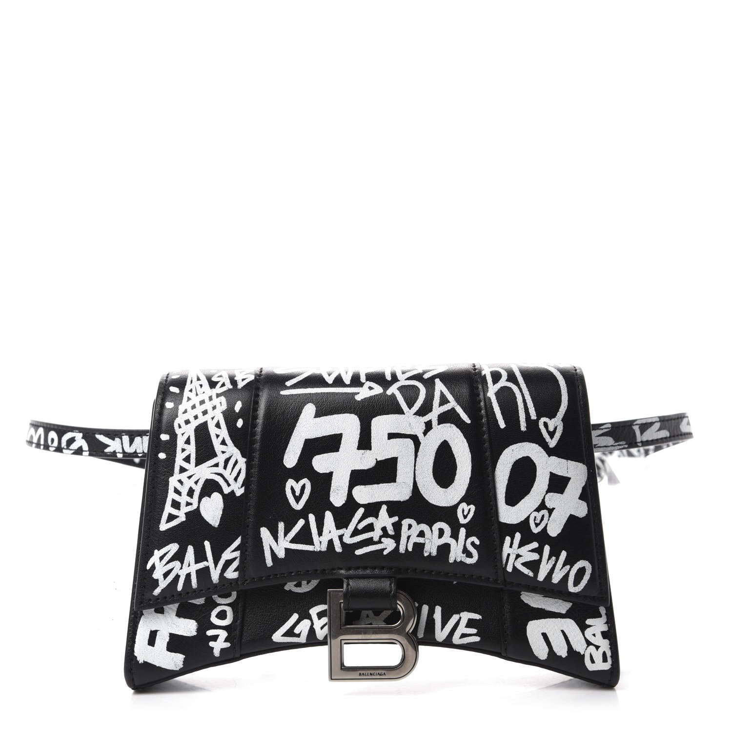 Balenciaga Calfskin Graffiti Hourglass Belt Bag S Black White 1 of 9