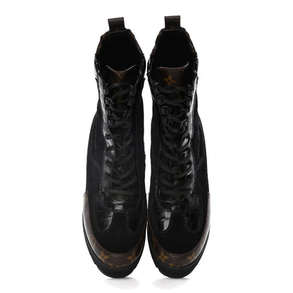 Louis Vuitton Suede Calfskin Monogram Laureate Platform Desert Boots 38 Black 5 of 13