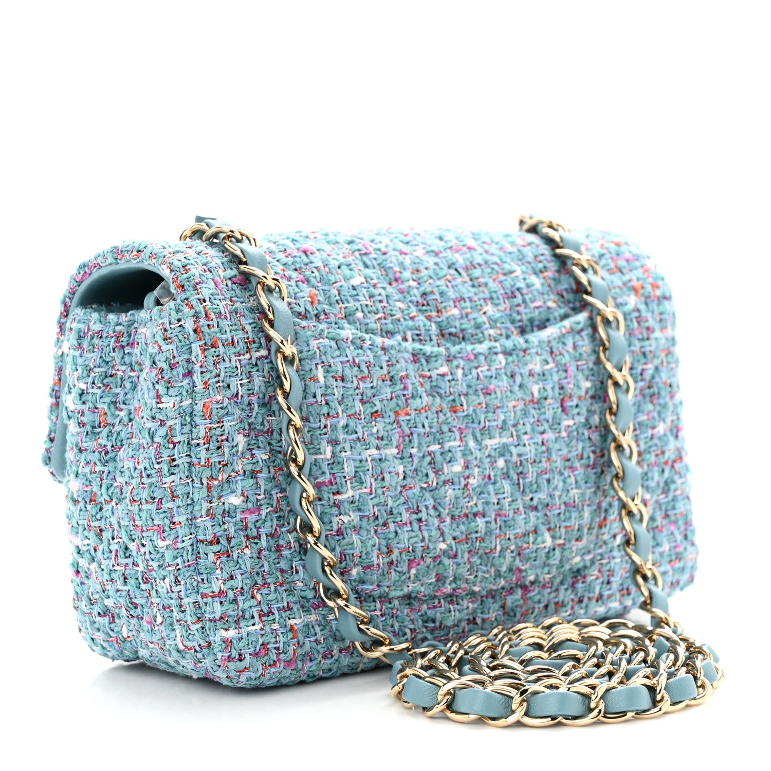 Chanel Tweed Quilted Mini Rectangular Flap Turquoise Purple White Red 3 of 12