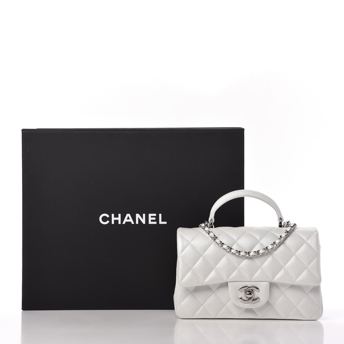 Iridescent Caviar Quilted Mini Top Handle Rectangular Flap White