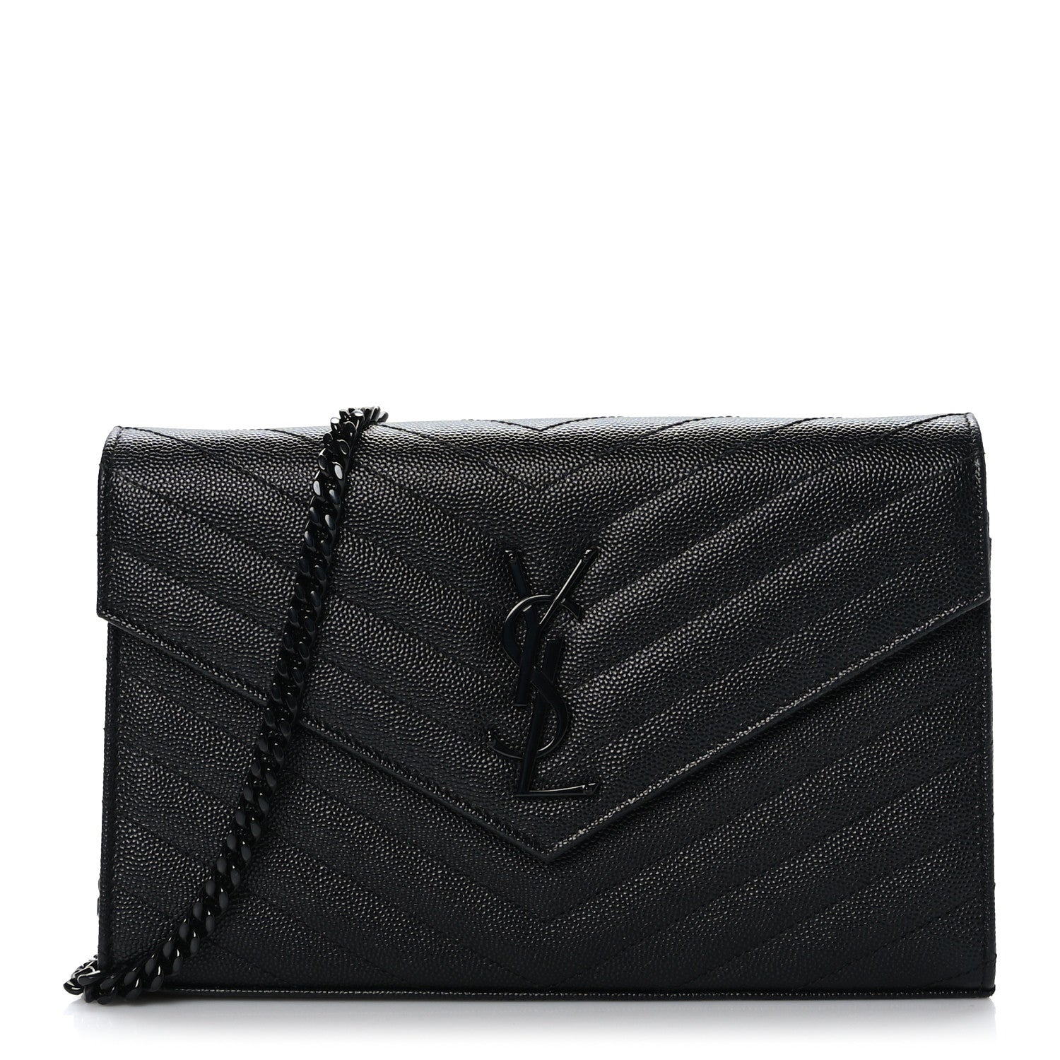 Saint Laurent Grain De Poudre Matelasse Chevron Monogram Monochrome Chain Wallet Black 1 of 9