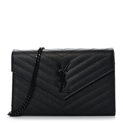 Saint Laurent Grain De Poudre Matelasse Chevron Monogram Monochrome Chain Wallet Black 1 of 9