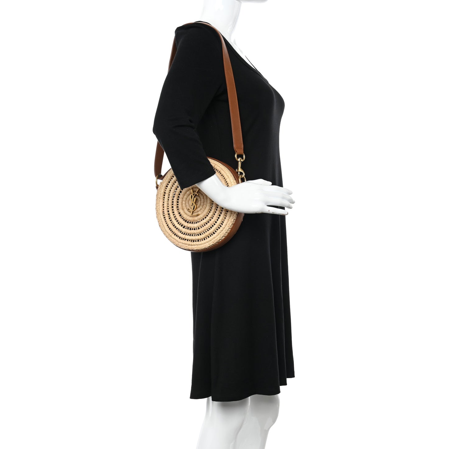 Raffia Calfskin Round Bag Natural Brick