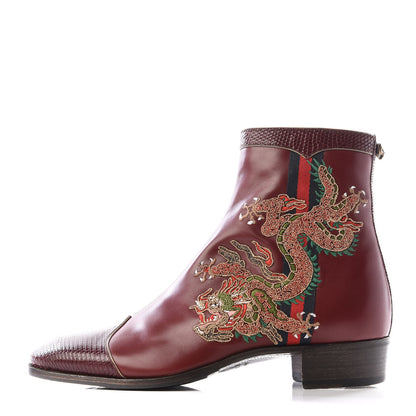 Gucci Calfskin Malaga Kid Lizard Web Dragon Embroidered Ankle Boots 7 Bordeaux 1 of 10