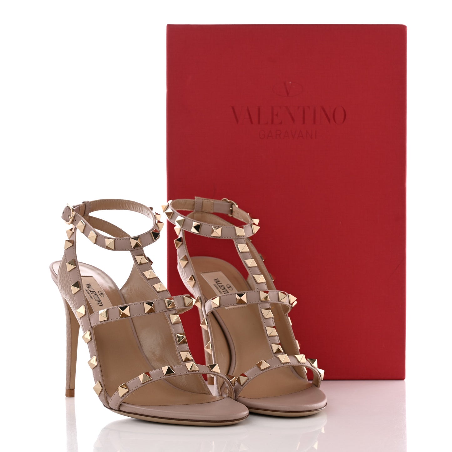 Pebbled Calfskin Rockstud Ankle Strap Open Toe 100mm Sandals 37 Poudre