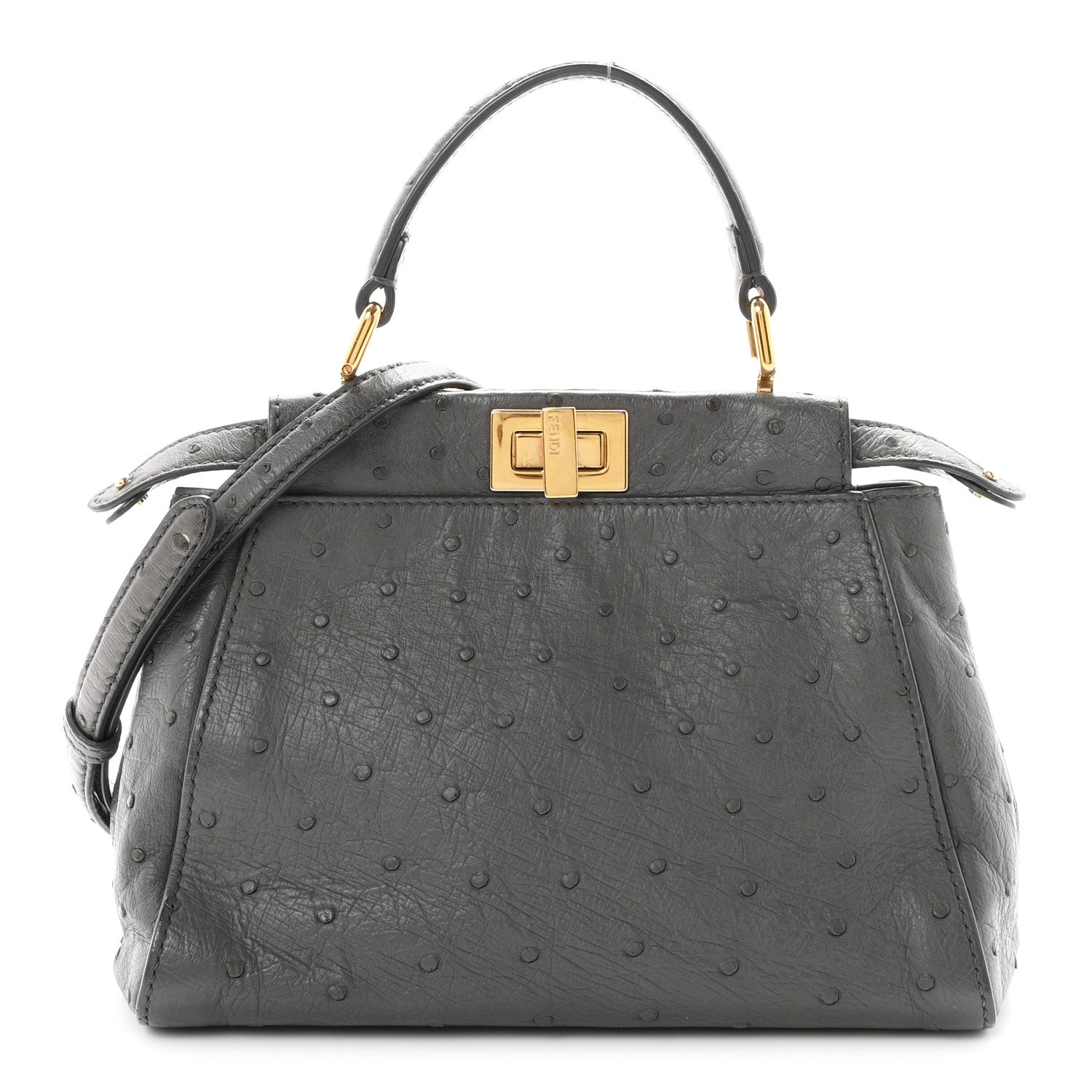Fendi Ostrich Shiny Nappa Mini Peekaboo Iconic Satchel Grey 1 of 9