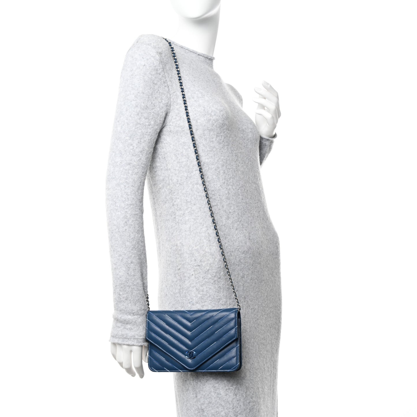 Lambskin Chevron Quilted Stitched Wallet On Chain WOC Blue
