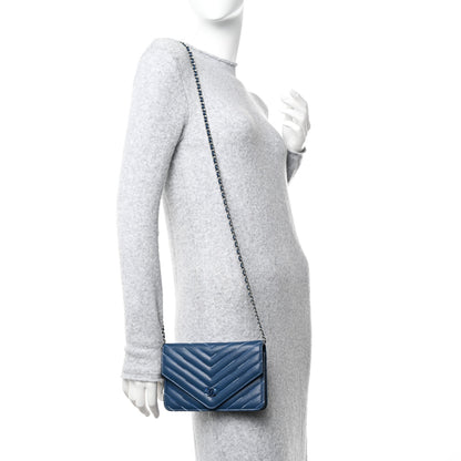 Chanel Lambskin Chevron Quilted Stitched Wallet On Chain WOC Blue 2 of 12