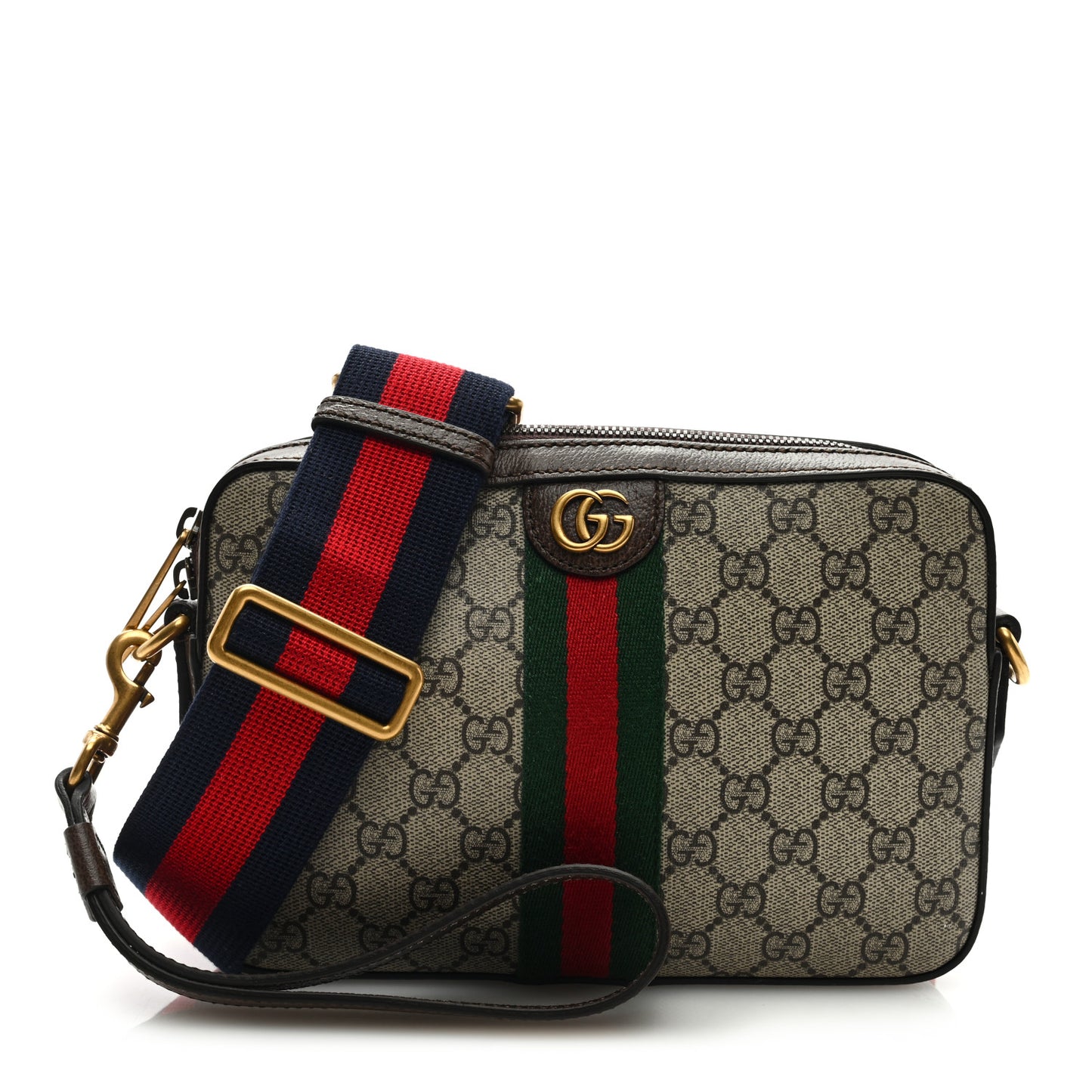 GG Supreme Monogram Textured Dollar Calfskin Web Ophidia Wristlet Shoulder Bag Beige Ebony New Acero
