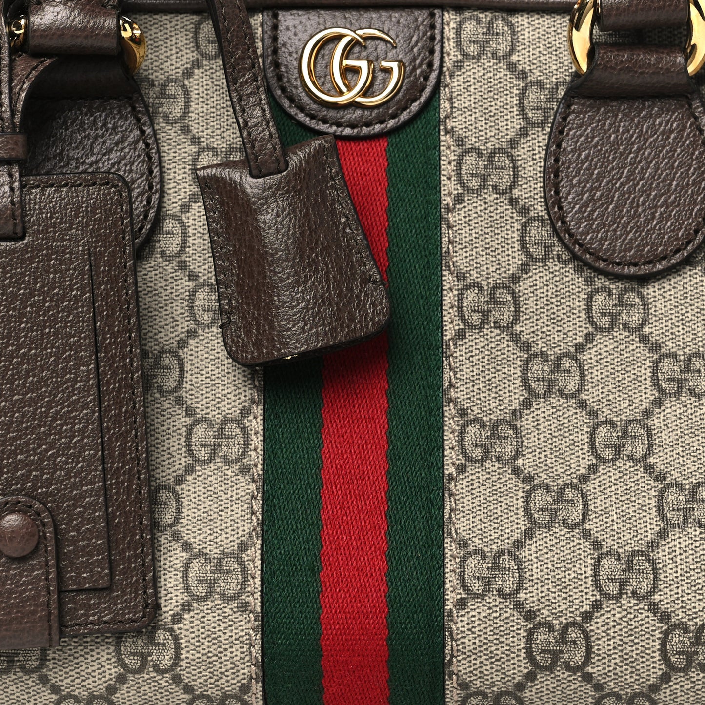 GG Supreme Monogram Textured Dollar Calfskin Web Medium Ophidia Top Handle Bowler Bag Beige Ebony New Acero