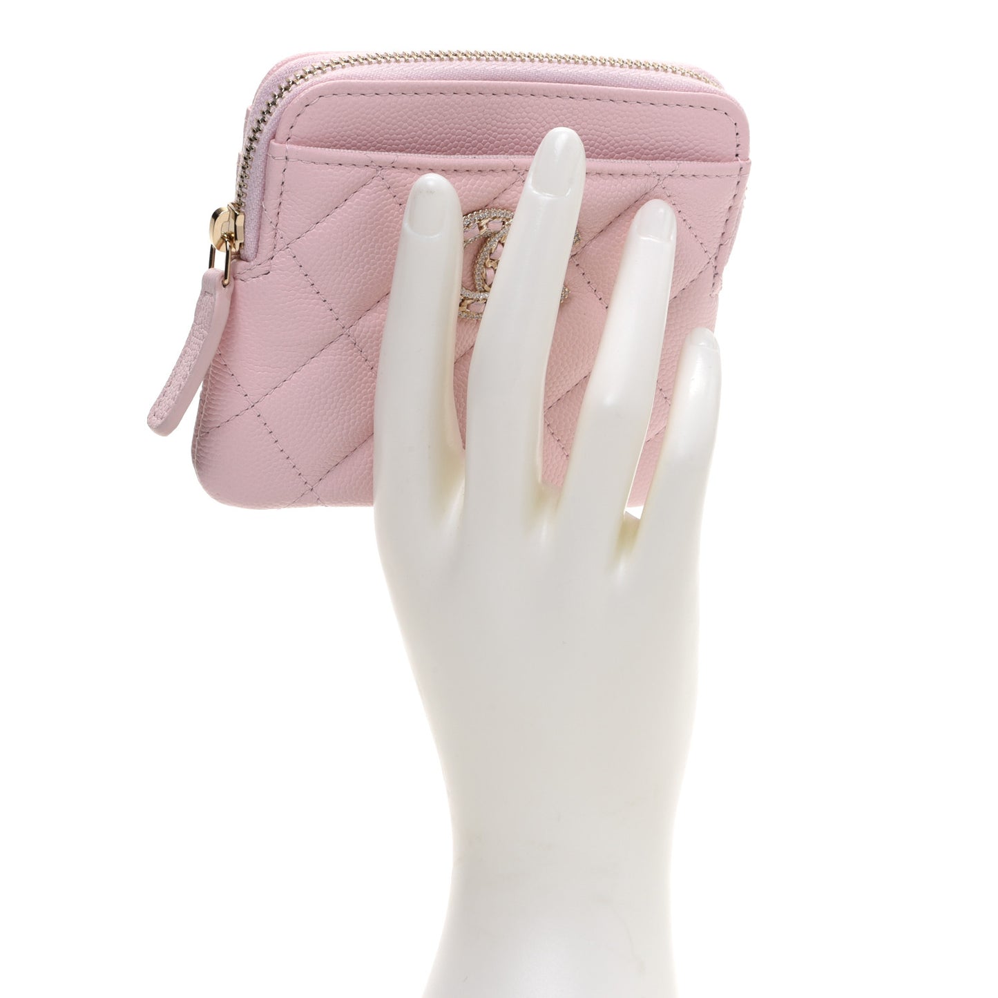 Caviar Quilted Crystal Zip Card Holder Wallet Light Pink