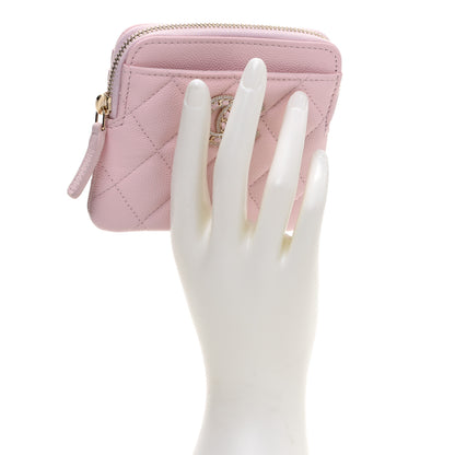 Chanel Caviar Quilted Crystal Zip Card Holder Wallet Light Pink 2 of 8