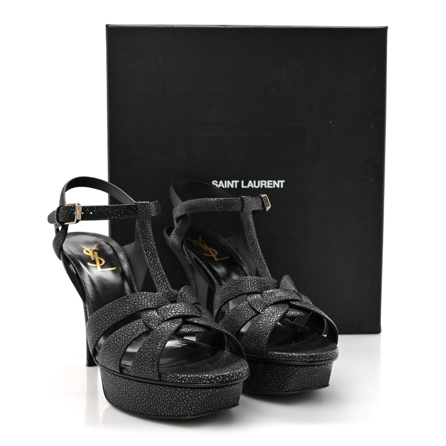 Saint Laurent Grained Calfskin Razza Print Tribute 75 Platform Sandals 38.5 Dark Grey 13 of 13