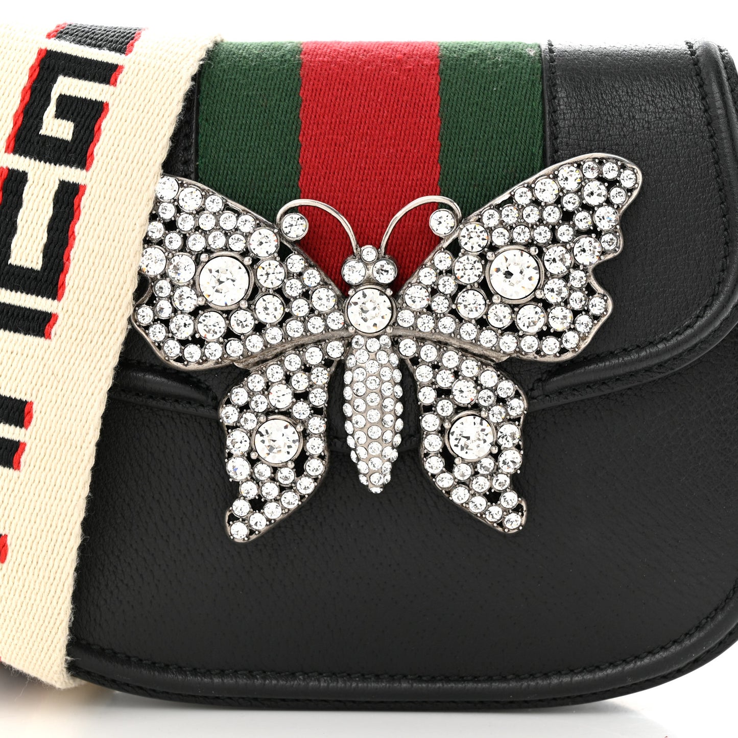 Calfskin Web Crystal Butterfly Stripe Small Totem Shoulder Bag Black