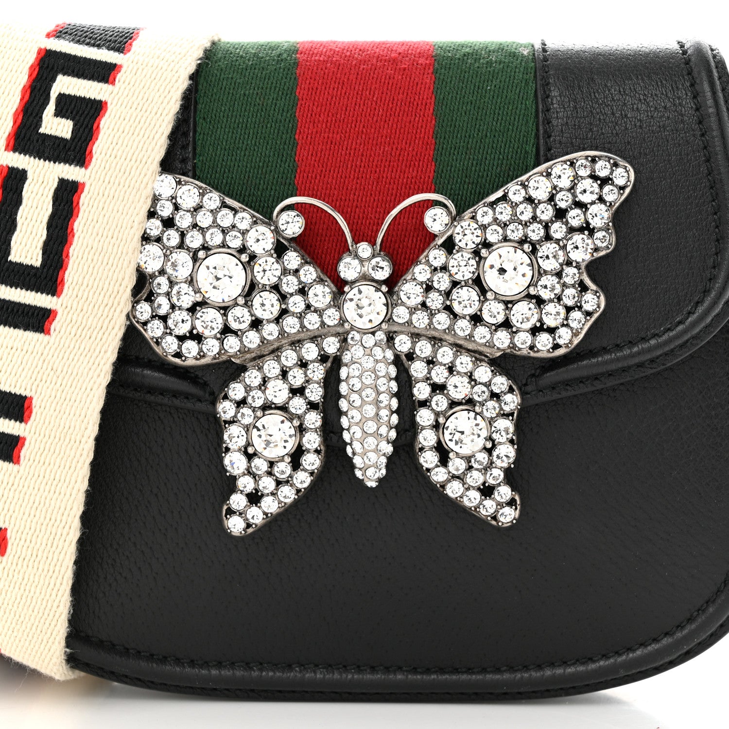 Gucci Calfskin Web Crystal Butterfly Stripe Small Totem Shoulder Bag Black 8 of 11