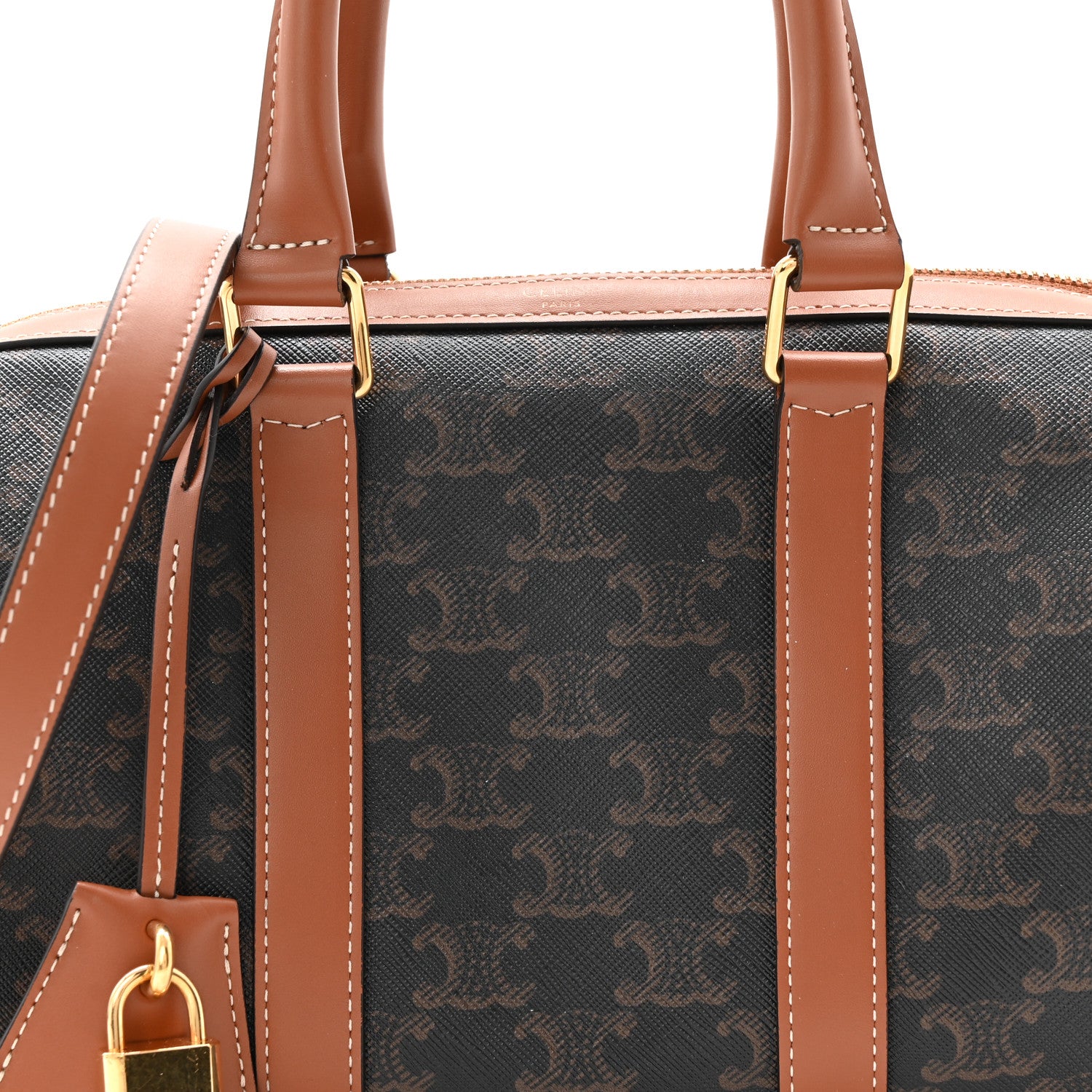Celine Triomphe Canvas Calfskin Medium Boston Bag Tan 17 of 21