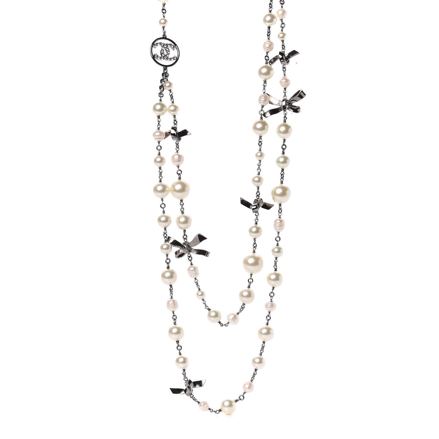 Crystal Pearl CC Bow Long Necklace Silver