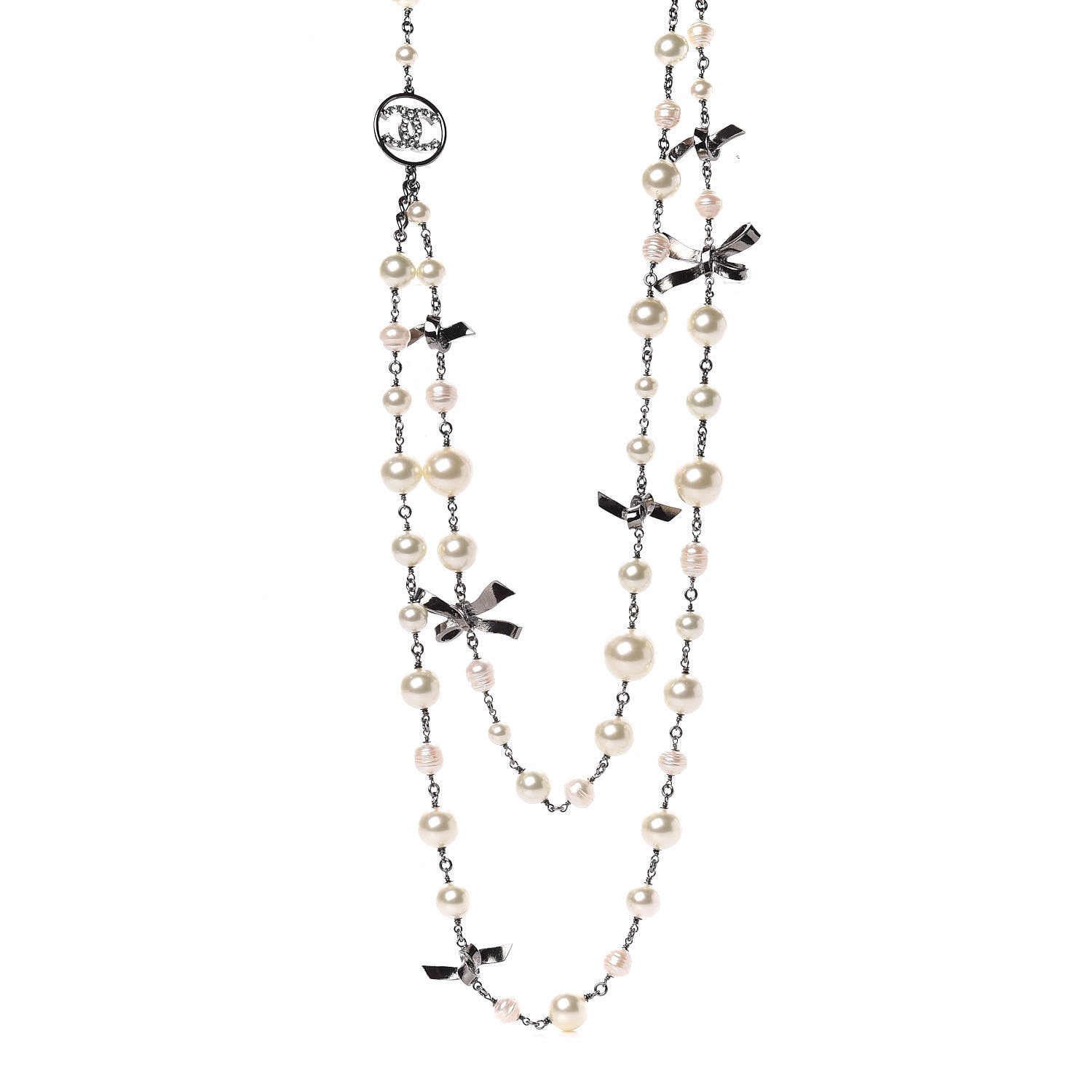 Chanel Crystal Pearl CC Bow Long Necklace Silver 1 of 5