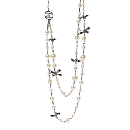 Chanel Crystal Pearl CC Bow Long Necklace Silver 1 of 5