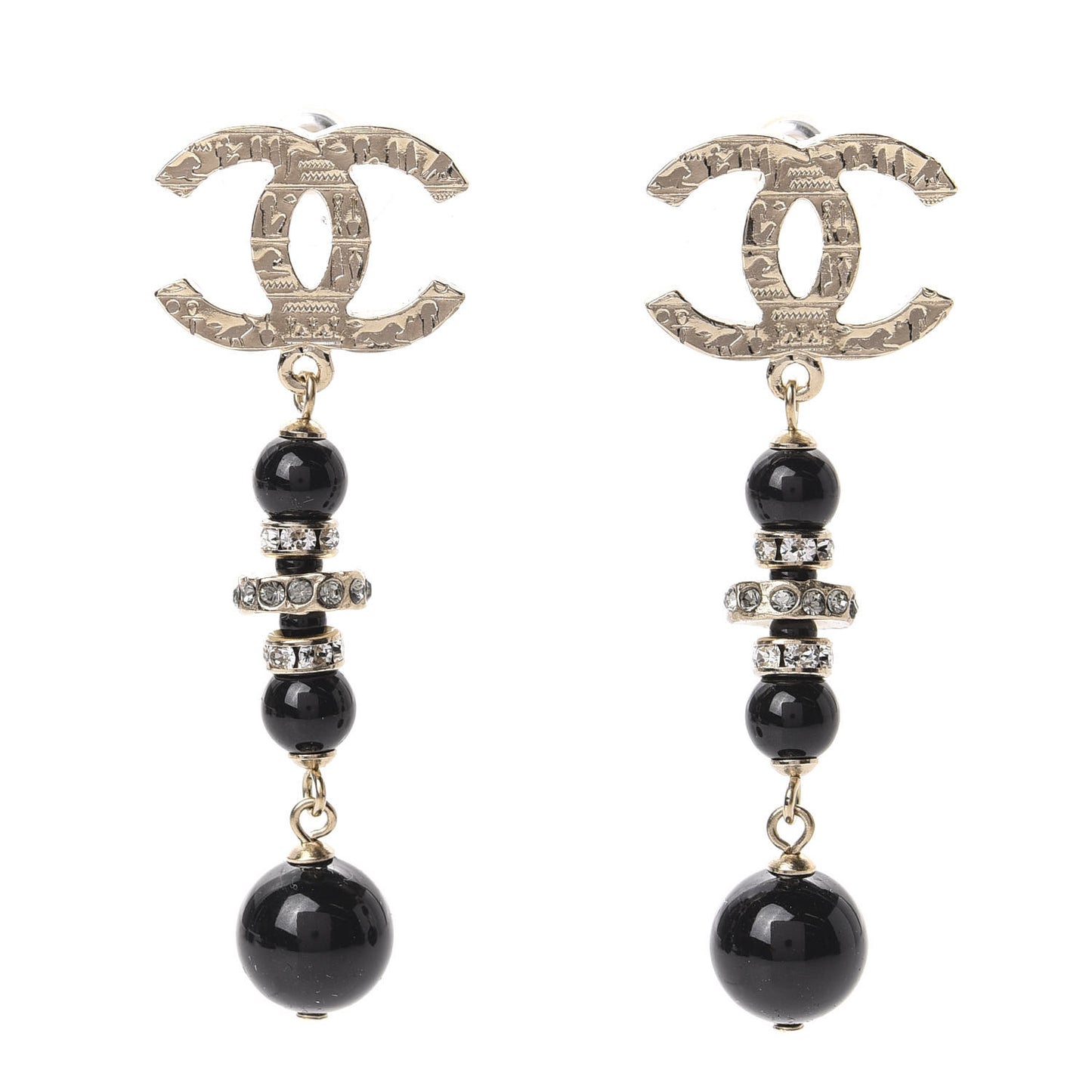 Crystal Bead Scarab CC Drop Earrings Gold Black