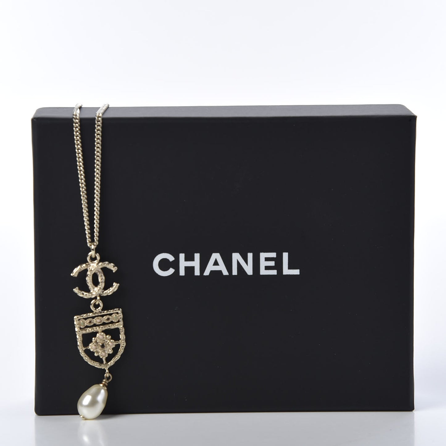 Resin Pearl CC Shield Drop Necklace Light Gold