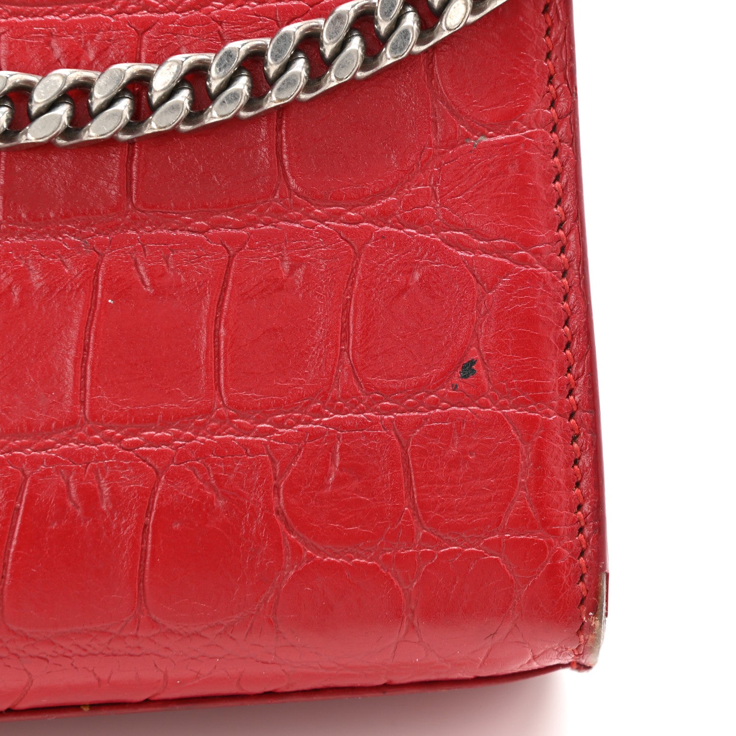 Saint Laurent Calfskin Crocodile Embossed Medium Classic Monogram Kate Tassel Satchel Red 14 of 16
