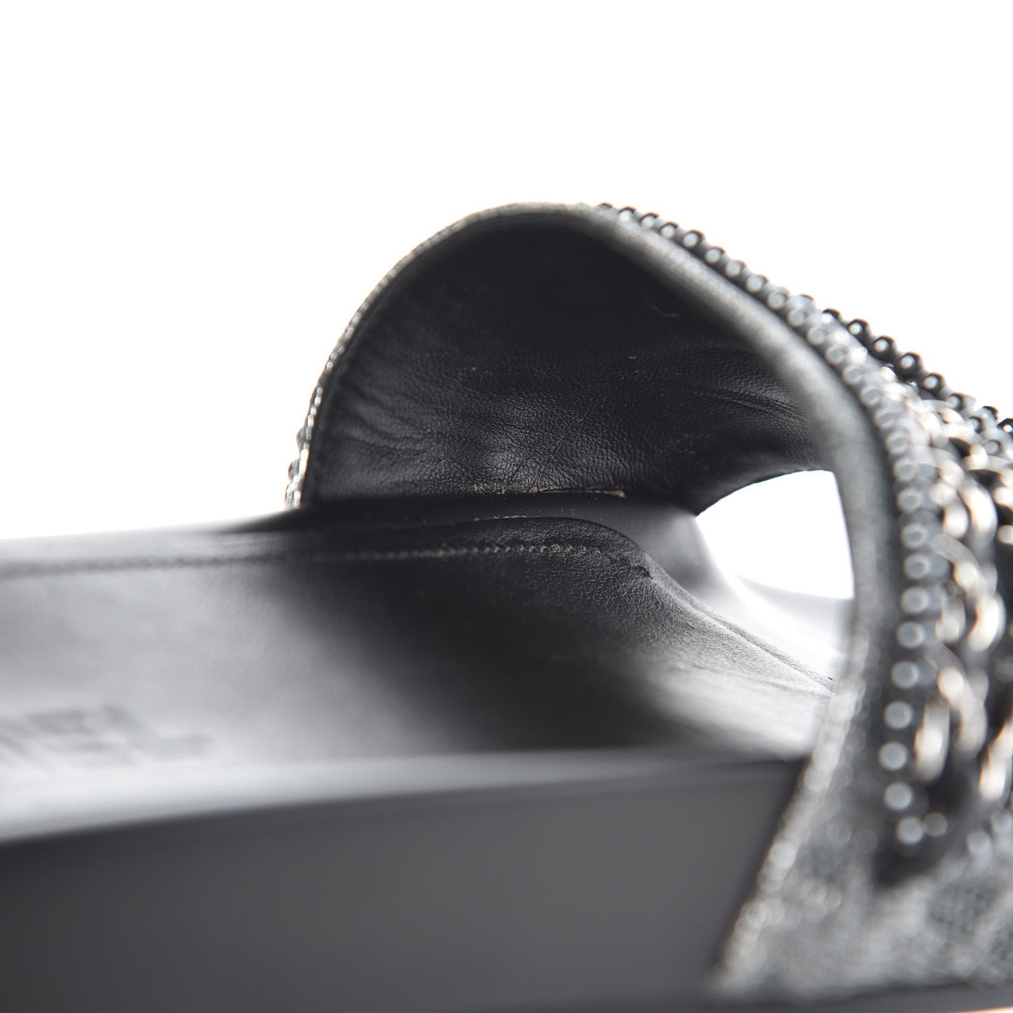 Fantasy Lambskin Pearl Chain CC Flat Mules 40 Silver Black