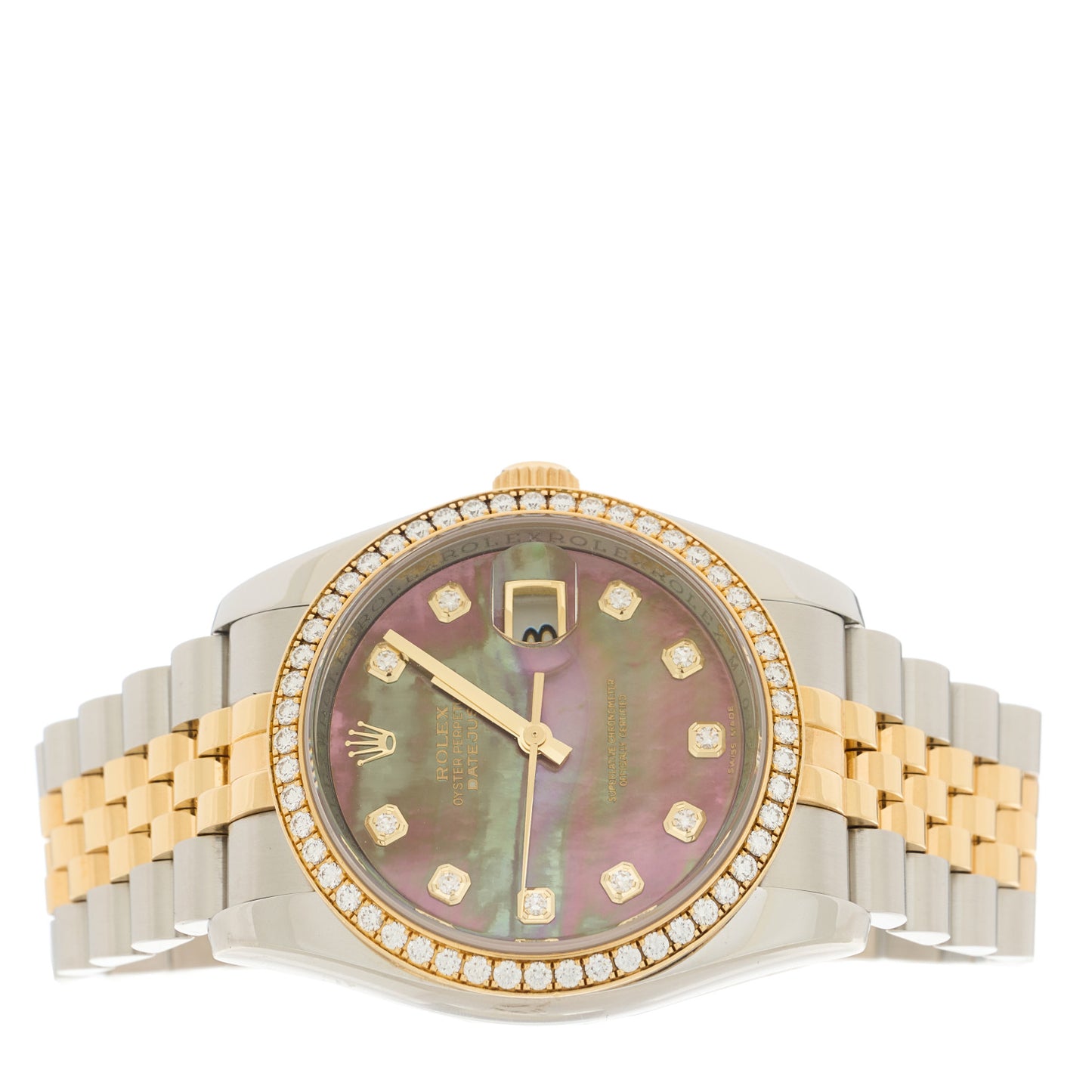 Stainless Steel 18K Yellow Gold Diamond Black Mother of Pearl 36mm Oyster Perpetual Datejust Watch 116243