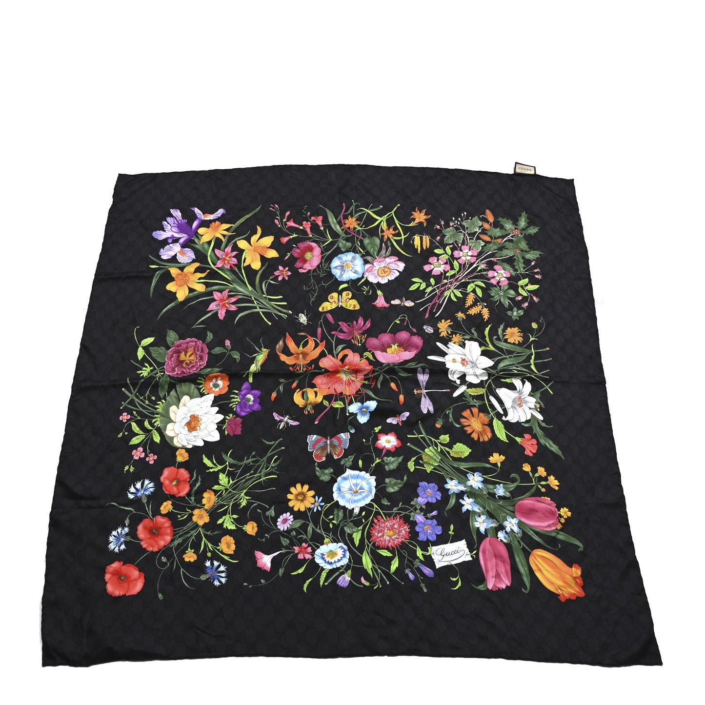 Silk Twill Flora Beauty Square Scarf Black