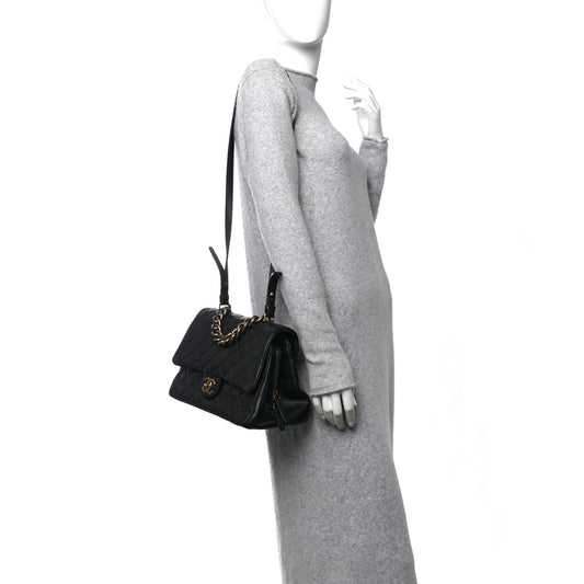 Shiny Sheepskin Quilted Large Trapezio Flap Black