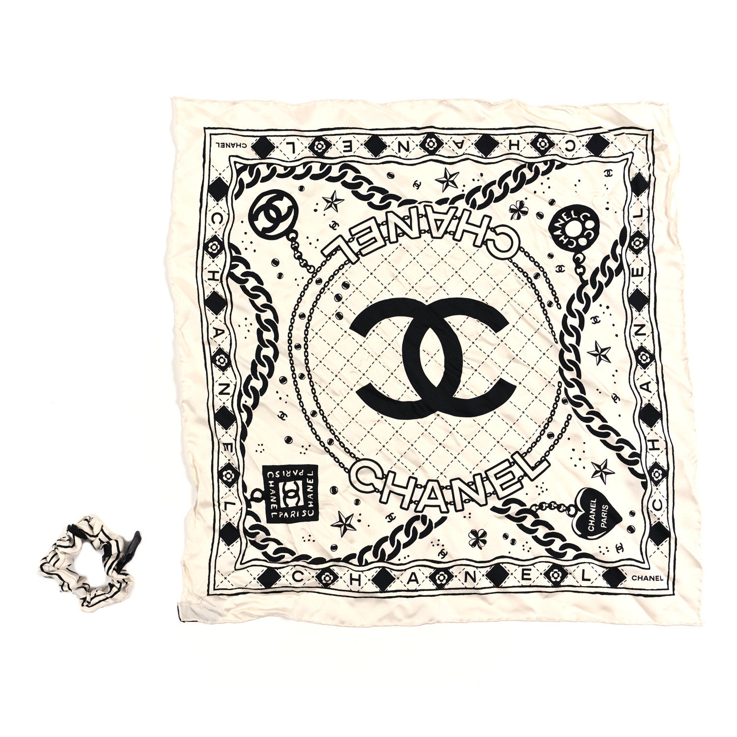 Chanel Silk Twill Square Scarf Hair Tie White Black 1 of 3